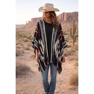 Rancho Estancia Western Boho Poncho Black Turqoiuse Red Multi Cape Festival RR23